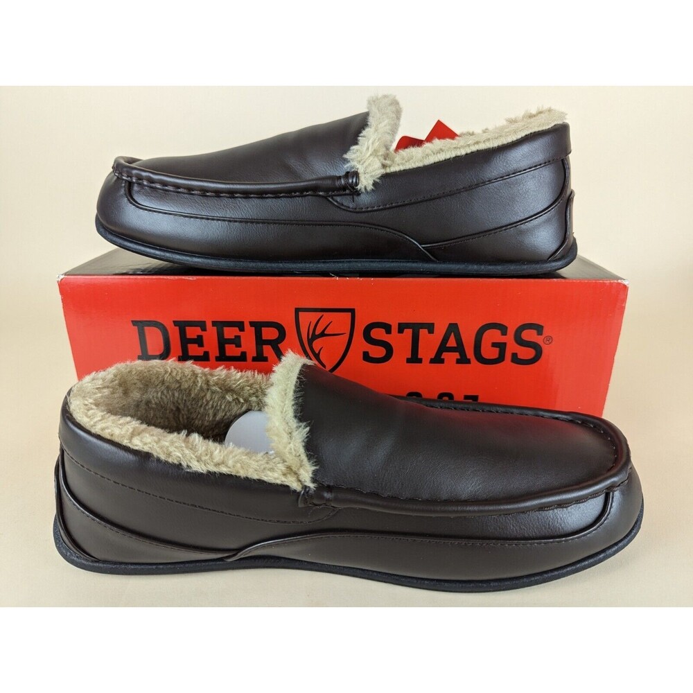 DEER STAGS Slipperooz Spun Slipper Men 8 Wide Dark Brown Faux Fur Slip On Shoes